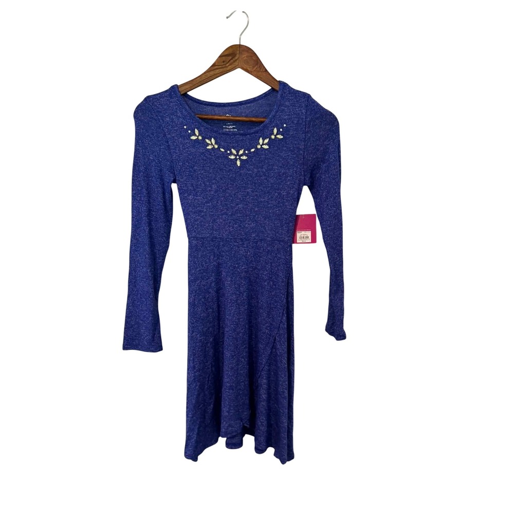 SO‎ Cozy Dress Girls Large 10/12 Blue New Sequin Neckline Long Sleeve Skater